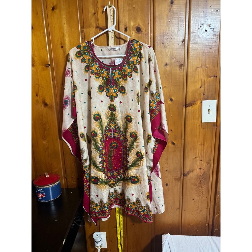 Argee Intimate Peacock Feather Kaftan Tunic One Size Cream Red Boho India